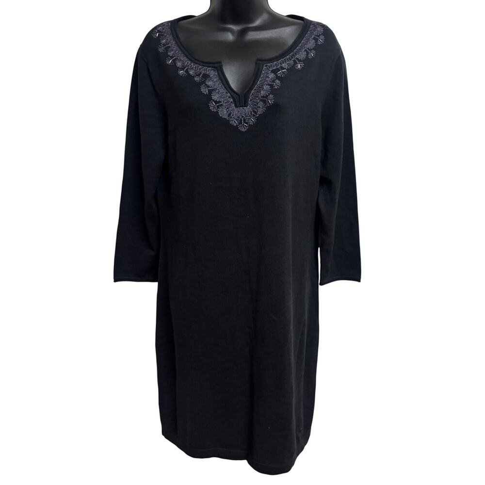 Tommy Bahama Pickford Embroidered Split Neck Sweater Dress Black Medium New